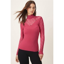 Armonika Kadın Pembe Dik Yaka Kolları Yakası Delikli Triko Kazak Arm-26k136060