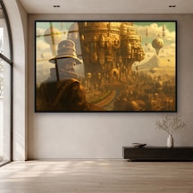 Steampunk Şehre Bakan Yolcu Siyah Çerçeveli Cam Tablo