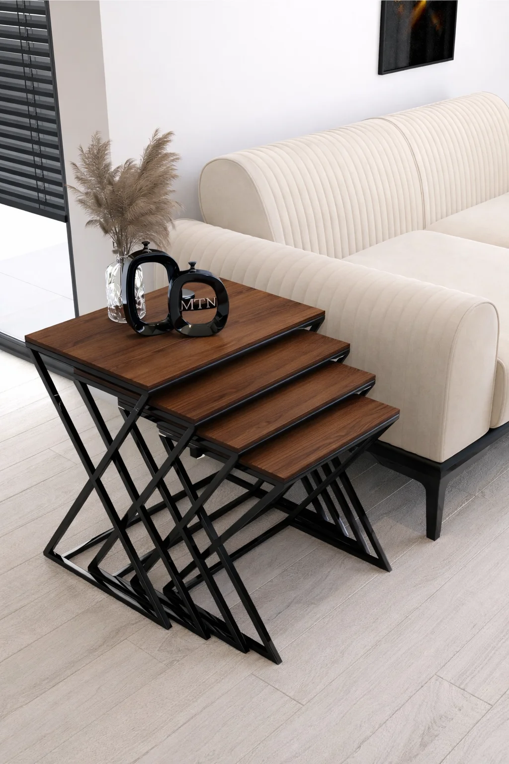4'lü Zigon Siyah Renk Metal Ayaklı Ceviz Renk Mebran Mdf Üst Tabla 4'lü Zigon Sehpa Seti Salon /koltuk Altı Sehpa Yan Sehpa - C Sehba Modern Sehba Siyah-ceviz