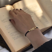 Archin Ebru İsmine Özel 14 Ayar Altın Plakalı Kuş Motifli Siyah İpek Örgülü Hediye Bileklik-360isim Ebru