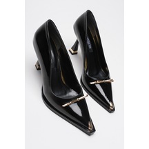 Alewomen Luana Siyah Rugan Gold Toka Detaylı 10 Cm Topuklu Kadın Stiletto Siyah
