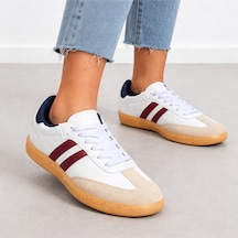 Kadın Spor Ayakkabı Beyaz Sneaker Bordo Çizgili Günlük Rahat Kaymaz Taban Bağcıklı