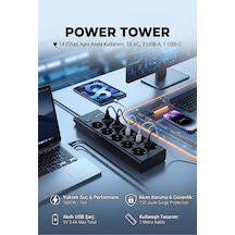 10'lu Akıllı Güç Koruma Grup Priz, 3x Usb-a 1x Usb-c, 3680w, 2 Metre Kablo, Siyah 0