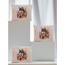 Çiçekli Kurt Baskılı 3'lü Makyaj Çantası 20x25 Cm - Kadın Doğum Günü Hediyesi Kadın Hediye Ürün