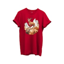 Dağ Keçisi Tasarımlı Avcılık Konseptli %100 Pamuk Regular Fit Bisiklet Yaka Unisex T-shirt Kırmızı