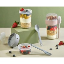 Meyve Saklama Kabı + Kaşık 500 Ml + 200 Ml Yoğurt Meyve Yulaf Yiyecek Saklama Gri