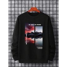 Startmore Adrift Manfinity Hypemode Mountain & Slogan Graphic Sweatshirt Siyah Siyah