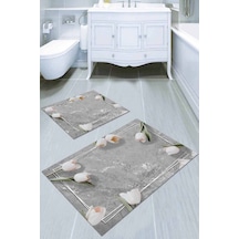 Gri Çiçek Temalı Banyo Halısı Klozet 2'li Paspas Seti Bs011n11