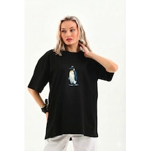 Kadın T-shirt Penguen Baskılı Bisiklet Yaka Kısa Kol Yazlık Tişört - Siyah