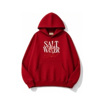 Herkesemoda Salt Water Baskılı Kapüşonlu 2 İplik Şardonlu Sweatshirt Kırmızı