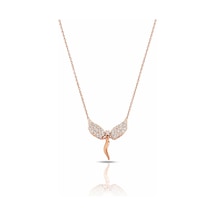 Çekirdekjewelry 925 Ayar Gümüş Rose Kaplama Melek Kanadı Kolye Beyaz Taşlı, Işıltılı Ve Zarif Tasarım Pembe