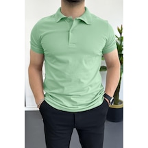 Erkek Slim Fit Düz Renk Pamuklu Soft Polo Tişört Su Yeşili Edw365 Su Yeşili