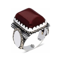 Gümüş Zirkon Bordo Akik Taşlı Kare Erkek Yüzük Çok Renkli