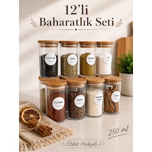 12'li Pinterest Akrilik Baharatlık Seti - Etiketli Mutfak Düzenleyici Vakum Kapaklı Baharat Saklama Kabı 250 Ml Şeffaf