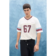 Defacto Boxy Fit V Yaka Baskılı Kısa Kollu Tişört F8356ax25hser118 Ekru