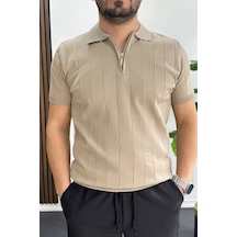 Erkek Slim Fit Fermuarlı Polo Yaka Tişört Vizon Edw452 Vizon