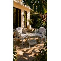 Cenevre Raddan 1+1 Bistro Set Minderli 2 Kişilik Raddan Oturma Grubu Camlı Sehpa Bahçe Balkon Teras Set Gri