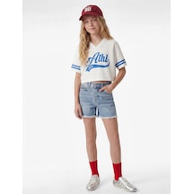 Koton V Yaka Kısa Kollu Bisiklet Yaka Baskılı Crop Tişört Ekru 6skg10046ak