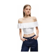 Koton Kolsuz Astarlı Slim Fit Fistolu Brodeli Fırfırlı Omzu Açık Crop Bluz Beyaz 5sak10495ek Beyaz