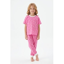 Bunny Hopp Kız Çocuk Pijama Takımı %100 Pamuk Çiçek Desenli Yazlık Kısa Kollu Fuşya
