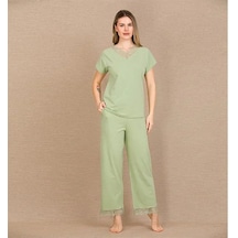 Ang Butik Kadın Pamuklu Şık Tasarım Dantel İşlemeli Yeşil Kısa Kol Pijama Takımı