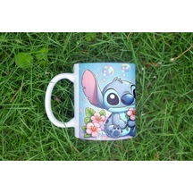 Mavi Stitch Çiçekli Kupa Bardak - Mavi Arka Planlı Tatlı Karakter Tasarımı Hediye Kupa Beyaz