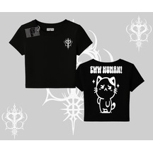 Tarzsokak Sevimli Kedi Çizimli Arka Baskılı Babby Tee Tshirt Siyah