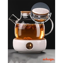 Vakumlu Bambu - Metal Kapaklı Isıya Dayanıklı Borosilikat Cam Demlik, Süzgeçli 1000 Ml Teapot Cam
