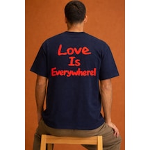 Tarz Cool Erkek Oversize Tişört "love Is Everywhere" Baskılı Basic Pamuklu T-shirt Lacivert