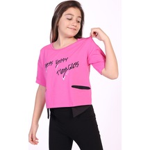 Toontoy Kids Toontoy Kız Çocuk Baskılı Bisiklet Yaka Kısa Kollu Asimetrik Tişört Fuşya