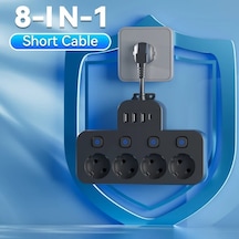 Xuweiwei 8li Avrupa Standart Güç Şeridi Siyah Aşırı Yük Korumalı 4 Ac Çıkış 3 Usb Port Duvara Monte Şarj İstasyonu Ev Ofis Seyahat İçin