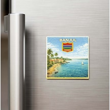 Retro Gambiya Banjul Şehri Temalı Vintage Buzdolap Magneti 9x9 Cm