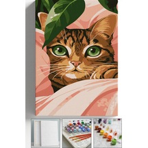 Sayılarla Boyama Seti Numaralı Tuval Fırça Boya Askı Aparatı Dahil Set 40x50 Cm - Yeşil Gözlü Kedi