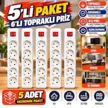 5'li Paket 6'lı Topraklı Grup Priz Kasası Anahtarlı Aç Kapat Düğmeli Beyaz Çoklu Priz Kablosuz Ev Ofis Iş Yeri Için 0