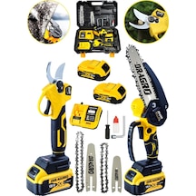 Dragro DRG-128 Sarı 2li Set 128 Vf 10 Ah Çift Akülü Çelik Şanzıman Şarjlı Dal Ağaç Kesme Bağ Makası 2 Akülü Sarı