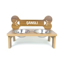Köpek Su Ve Mama Kabı - Kemik Model - Özel İsim Baskılı -büyük Irk-ceviz Mdf - Çelik Kase - 2 1000ml