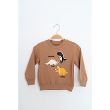 Toontoy Kids Toontoy Erkek Çocuk Relax Fit Bisiklet Yaka Hafif Düşük Omuz Nakışlı Sweatshirt Kahverengi