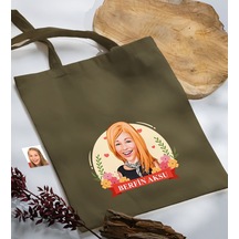 Bk Gift Kişiye Özel Anneler Günü Karikatürlü Haki Kumaş Bez Çanta, Baskılı Omuz Çantası, Alışveriş Çantası, Anneye Hediye-6 Haki