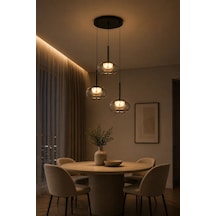 Modern Premium 3'lü Füme Cam Küre 3 Renkli Ledli Sarkıt Avizesi Salon Mutfak Şık Modelleri 78w Siyah