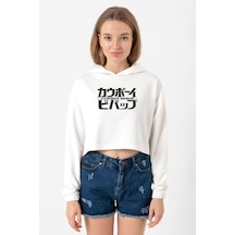 Cowboy Bebop Retro Letter Logo Ekru Kadın Crop Kapşonlu 001