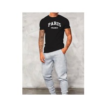 Medinenur Paris I Baskılı T-shirt Eşofman Altı Jogger Rahat Kalıp Eşofman Takım Siyah