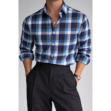 Erkek Ekose Gömlek Slim Fit Pamuklu Uzun Kollu Günlük Şık Gömlek Lacivert