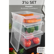3'lü Kapaklı Buzdolabı Düzenleyici Set - Meyve Sebze Saklama Kabı Dolap İçi Organizer 1x 4-6-8 Lt Şeffaf