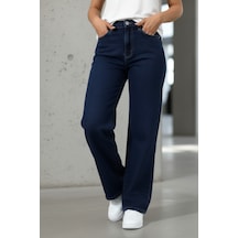 Woddi Nova Kadın Yüksek Bel Lacivert Salaş Jeans Wide Leg Geniş Paça Palazzo Kot Pantolon