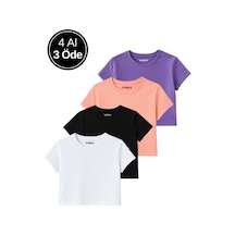 Kadın 4'lü Paket Oversize Crop Tişört %100 Pamuk Bisiklet Yaka T-shirt Çok Renkli
