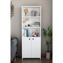 Kapaklı Çok Amaçlı Salon Dolabı 150x50x22 Cm Raflı Kitaplık Dekoratif Depolama Ünitesi Beyaz