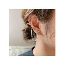 Lunarie Altın Zirkon Taşlı Kelebek İnci Zincir Ear Cuff Küpe