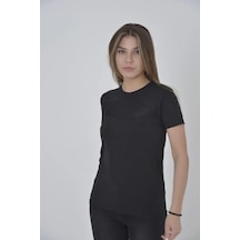 Kadın Gögüs Fileli T-shirt Kısa Kol Bisiklet Yaka Slimfit Tişört - Siyah Siyah