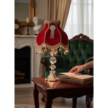 Kırmızı Redviev Cristal Abajur Broşlu Başlık Kristal Metal Ayaklı Klasik Model Abajur 50x30cm