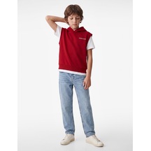 Koton Üç İplik Baskılı Oversize Kapşonlu Kolsuz Sweatshirt Kırmızı 7wkb30005tk